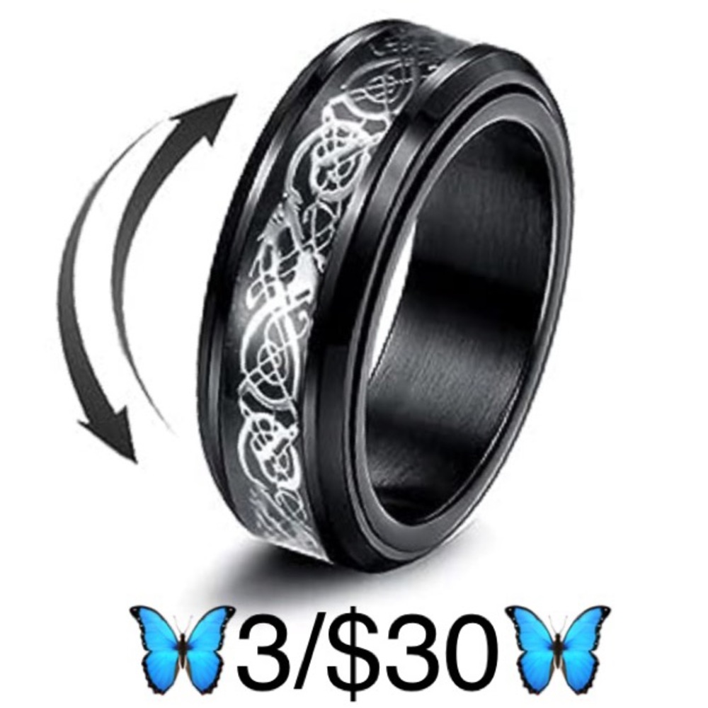 Stainless Steel Celtic Dragon Unisex Black Fidget Spinner Ring, size 10
